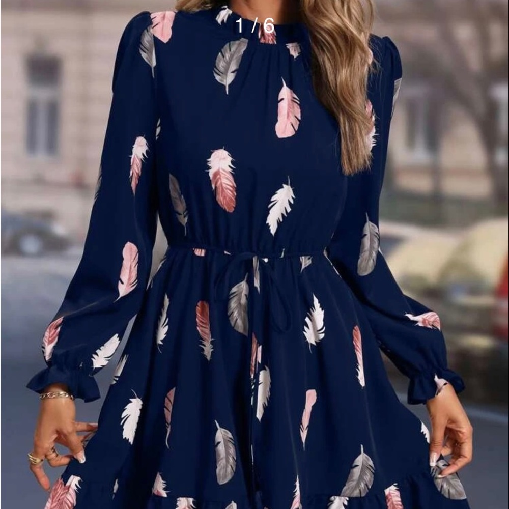 SHEIN size Large long sleeve feather print ruffle hem dress.
